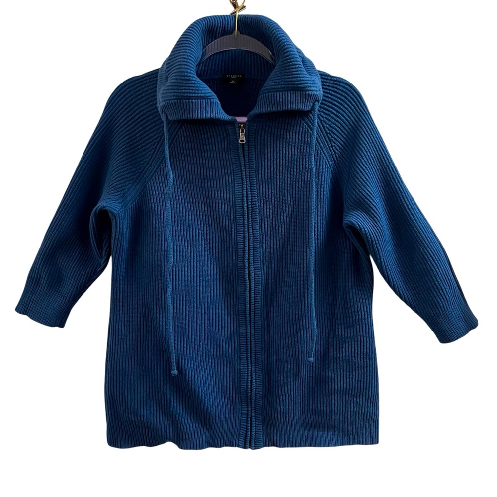 TALBOTS SWEATER, Size 1X, Blue Zip Front Sweater w/ Collar & 3/4 Raglan Sleeves.